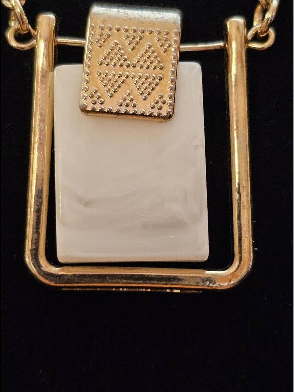 32" Suede Cord Gold Tone Frame Mother of Pearl Stone Geometric Pendant Necklace
